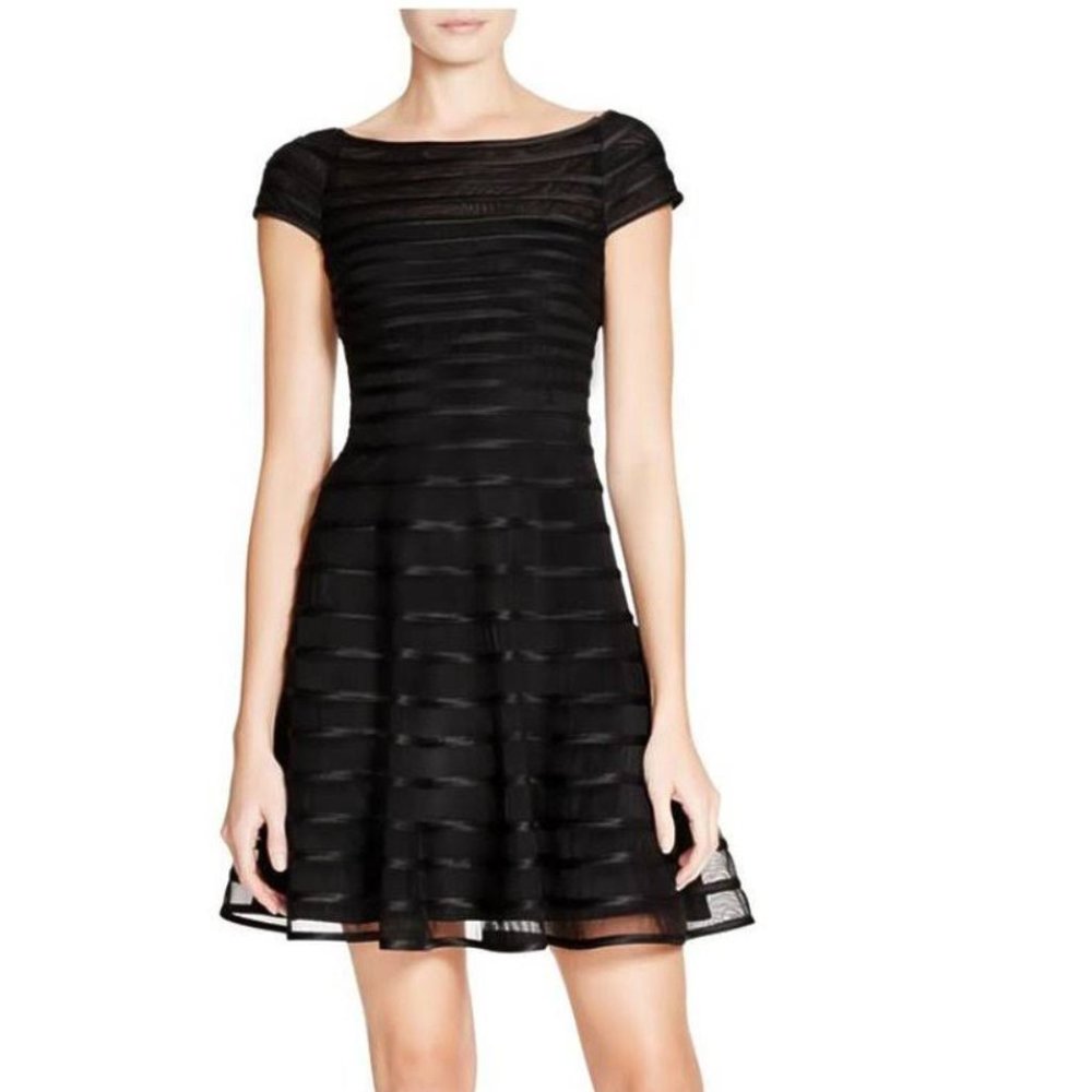 Aqua cap sleeve fit and flare black dress, size 2